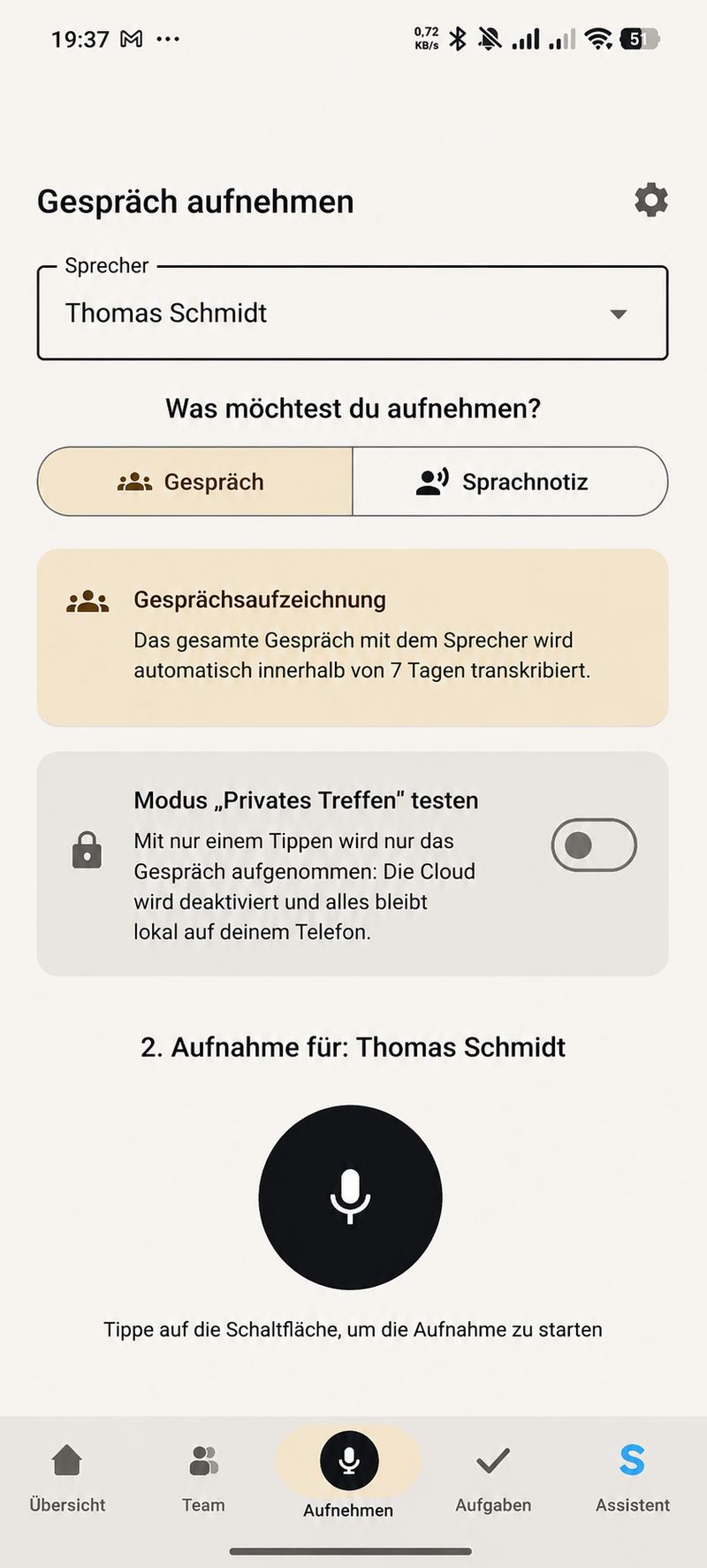 Aufnahmebildschirm für ein Gespräch mit vertraulichem Modus