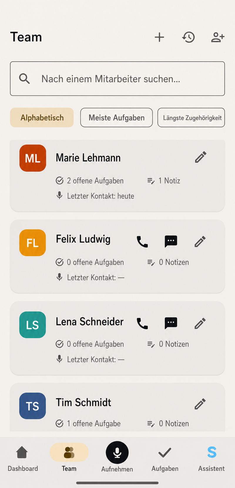 Teamliste mit Anzahl der Aufgaben und Notizen bei jedem Mitarbeiter
