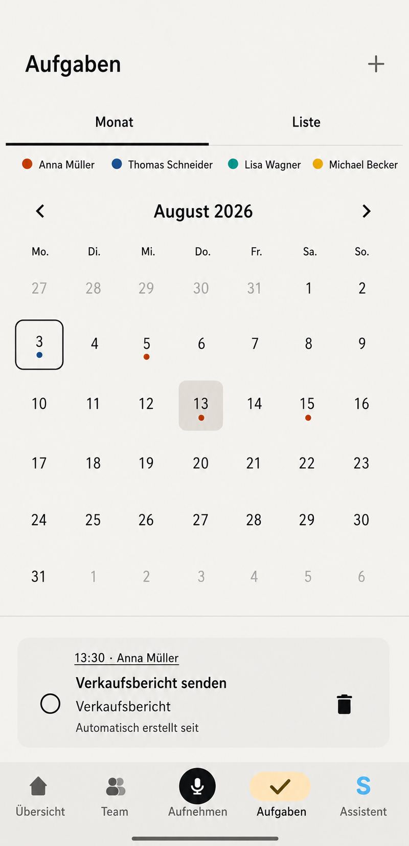 Aufgabenkalender mit einer automatisch aus dem Gespräch erstellten Aufgabe