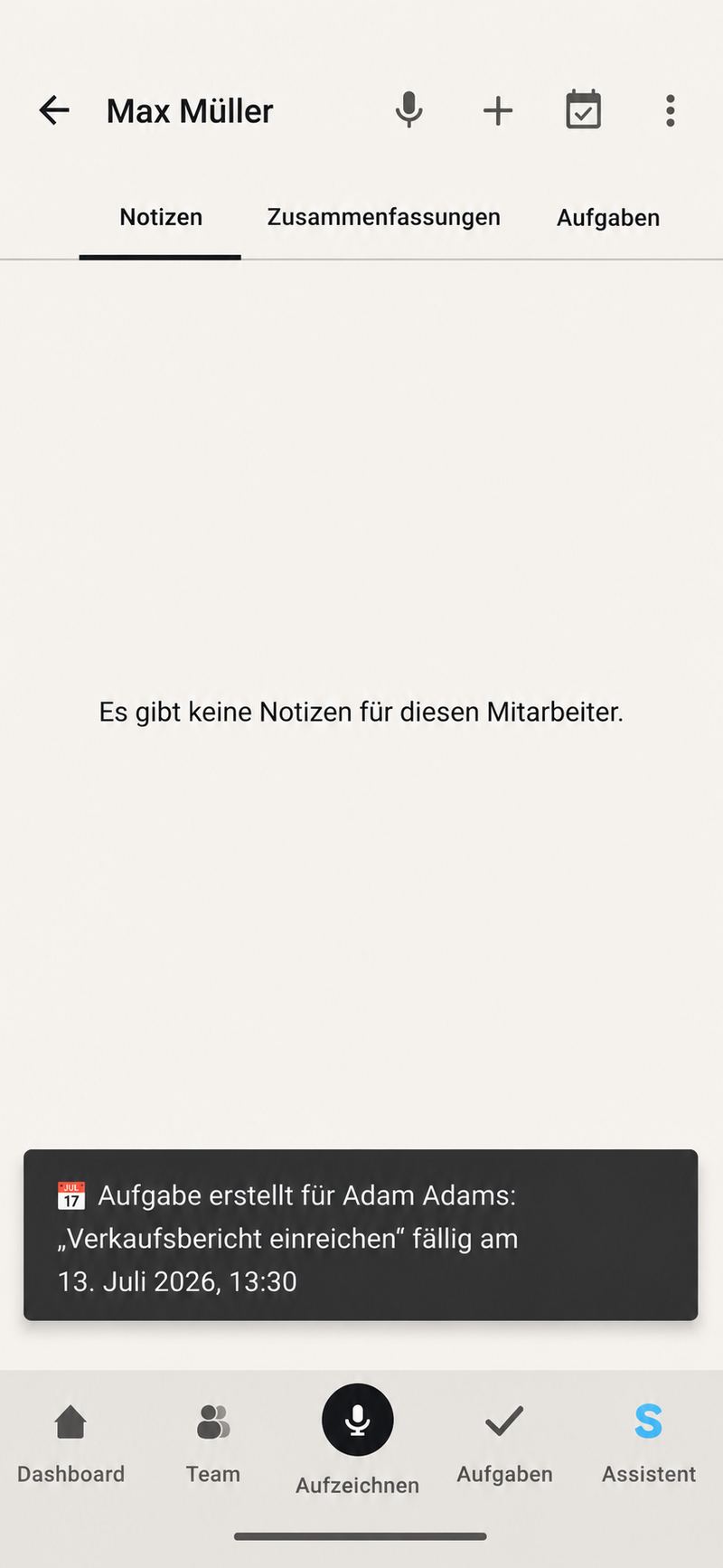 Benachrichtigung über eine automatisch aus dem Gespräch erstellte Aufgabe