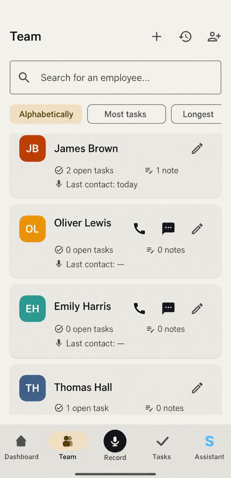 Team list showing the number of tasks and notes for each employee