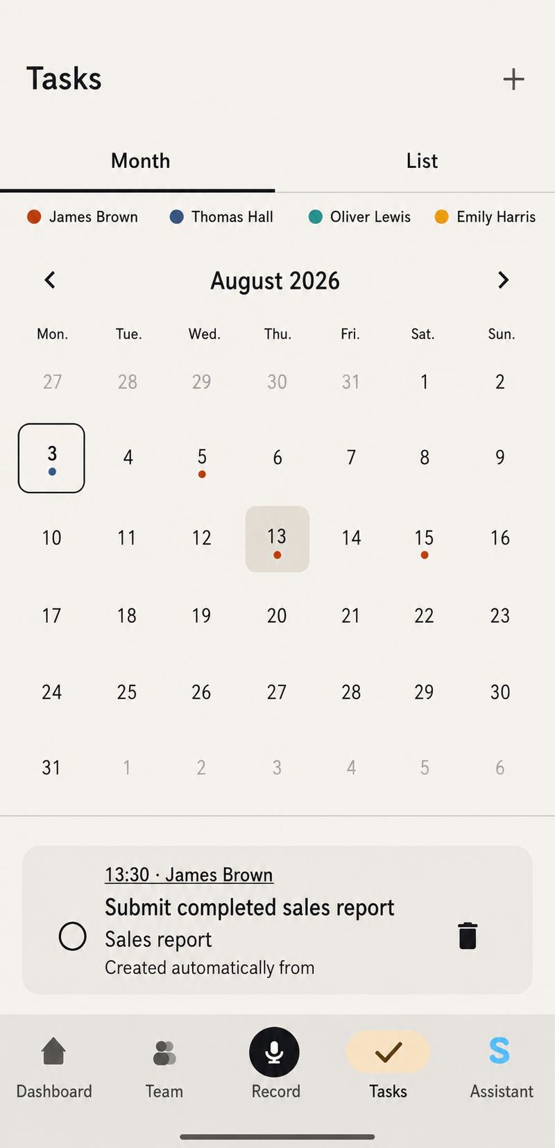 Task calendar with a task automatically created from a conversation