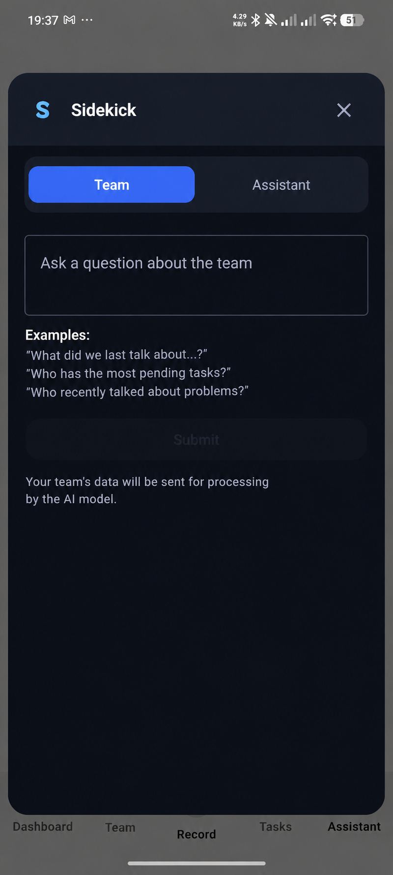 Ask AI window with example questions about the team