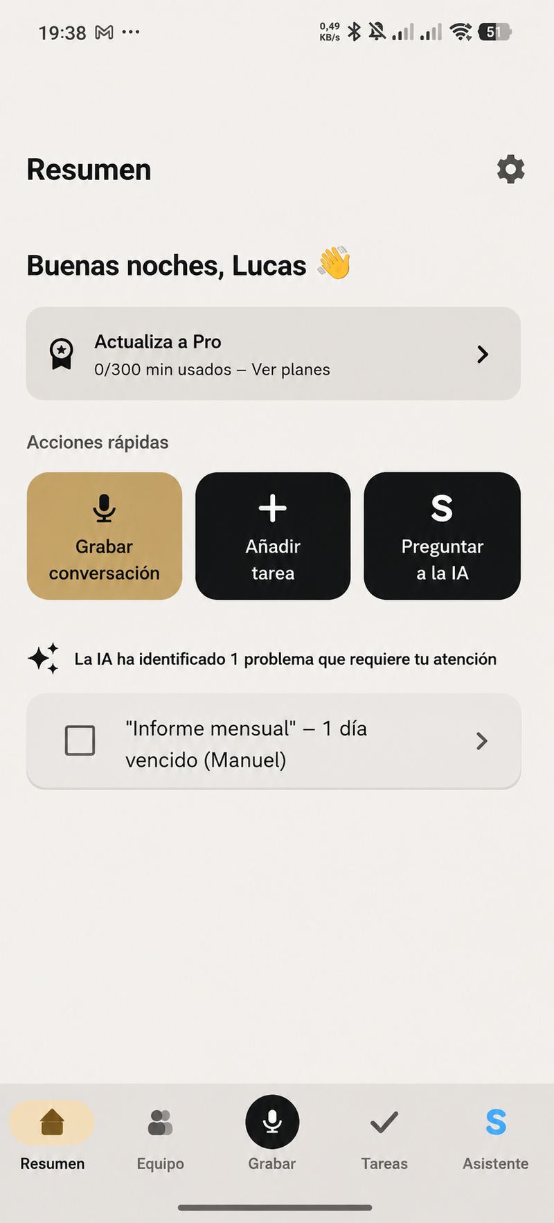 Panel de Sidekick con el resumen del día y los asuntos que requieren atención