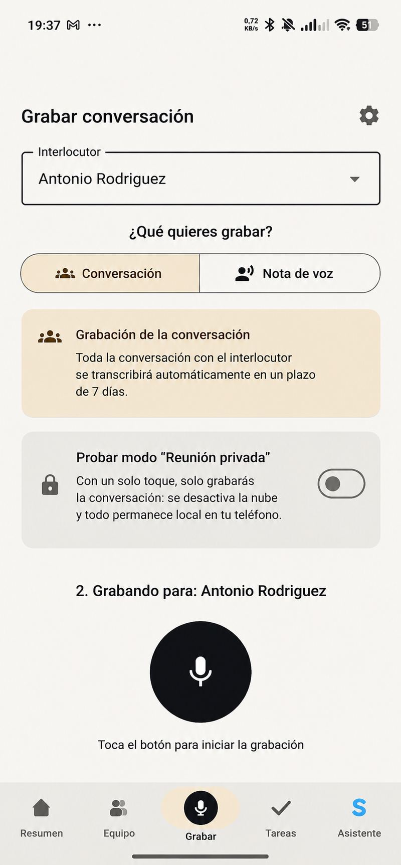 Pantalla de grabación de una conversación con modo confidencial