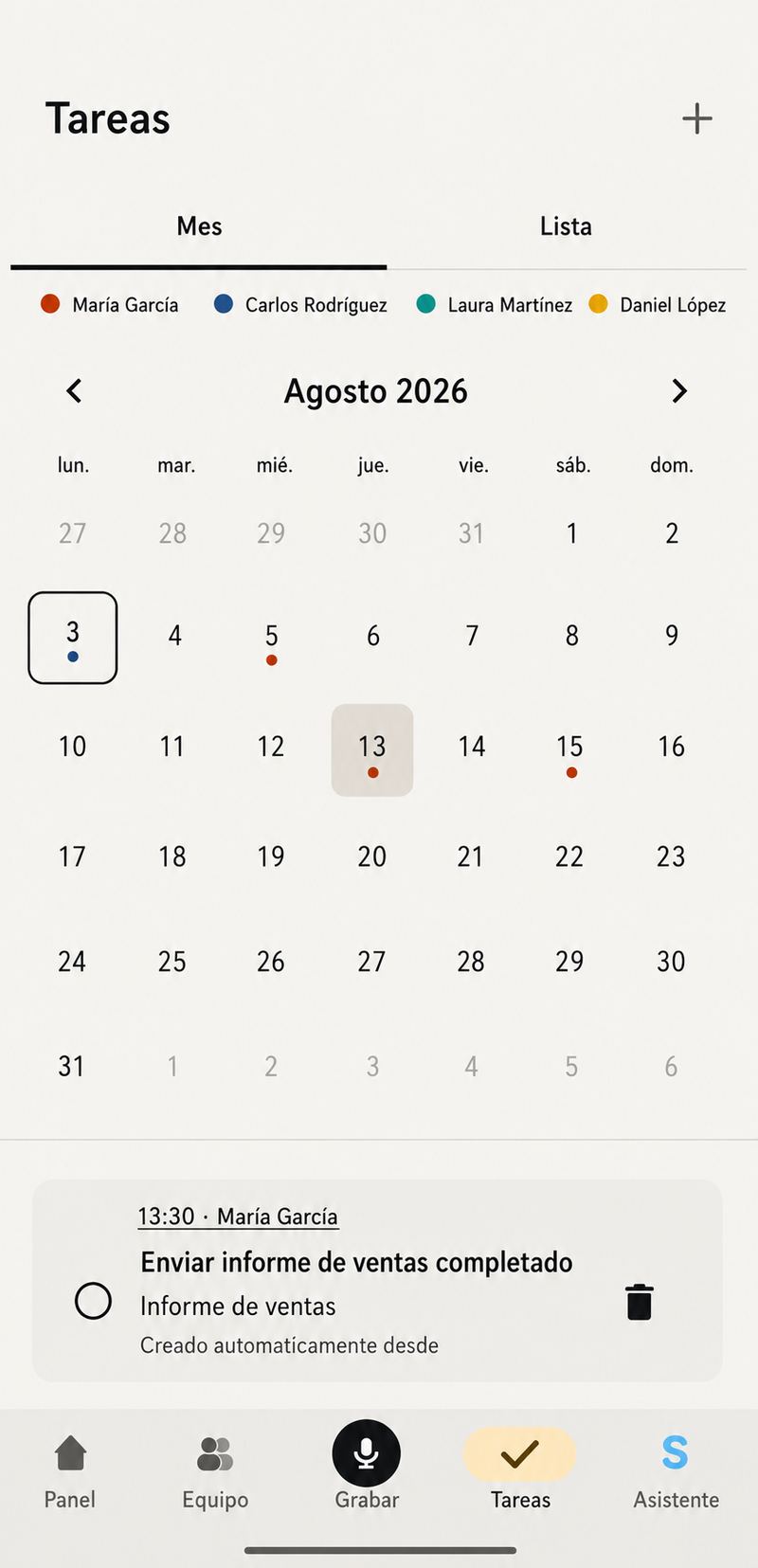 Calendario de tareas con una tarea creada automáticamente a partir de la conversación