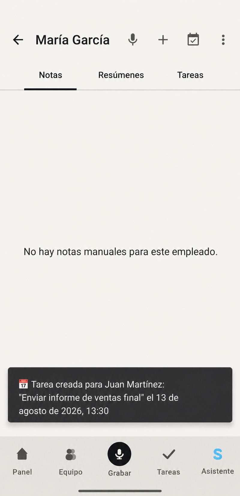 Notificación de una tarea creada automáticamente a partir de la conversación
