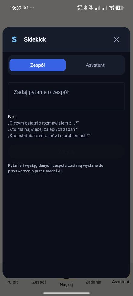 Okno Zapytaj Sidekick z przykładowymi pytaniami o zespół