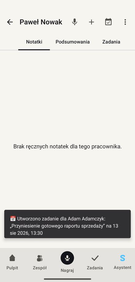Powiadomienie o automatycznie utworzonym zadaniu z rozmowy